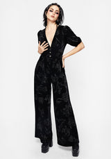 Zodiac Foil Print Button Front Velour Jumpsuit