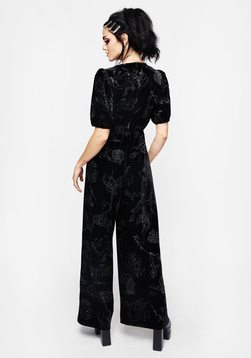 Zodiac Foil Print Button Front Velour Jumpsuit