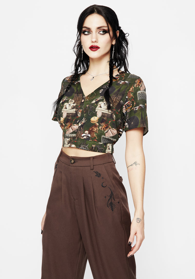 Maleficium Printed Button Up Crop Top