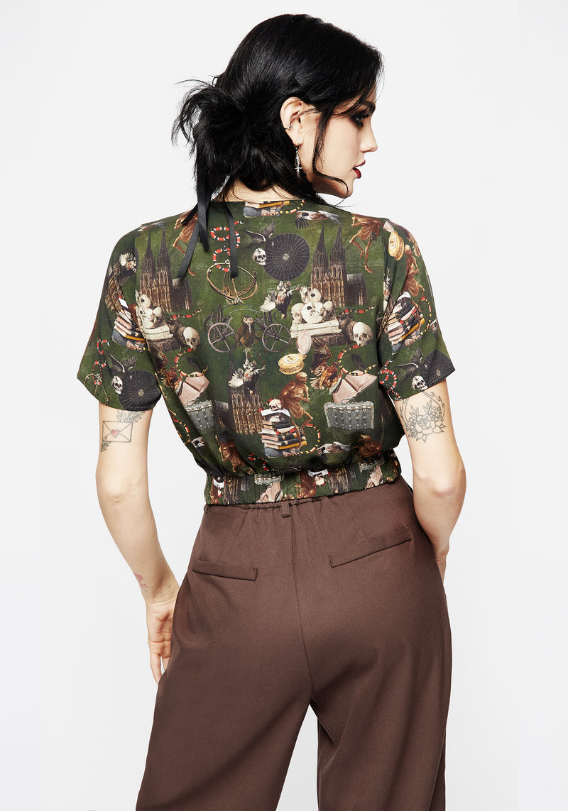 Maleficium Printed Button Up Crop Top