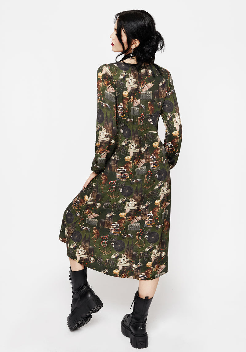 Maleficium Printed Tie Waist Midi Dress