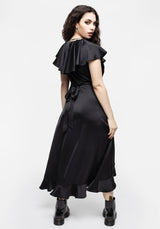 Linnette Satin Ruffle Wrap Midi Dress