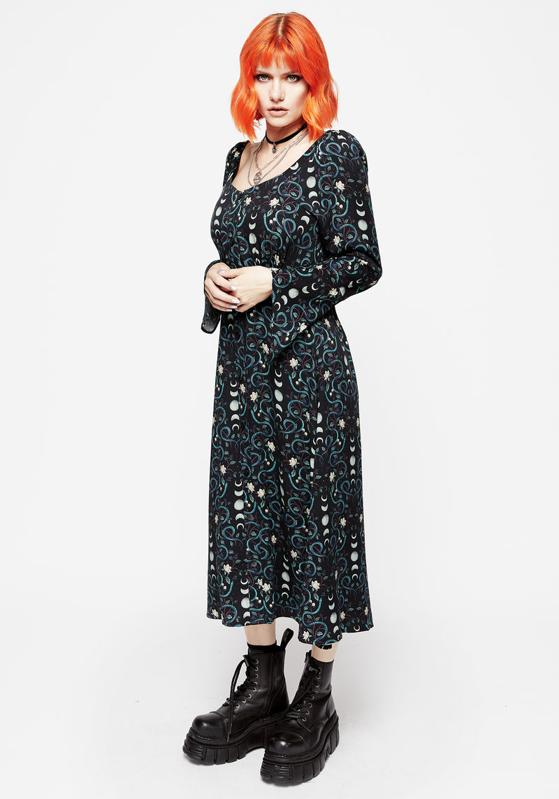 Pythia Print Flute Sleeve Midi Dress