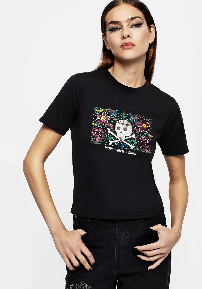 Death Conquers All Floral Skull Embroidered Graphic Crop Tee