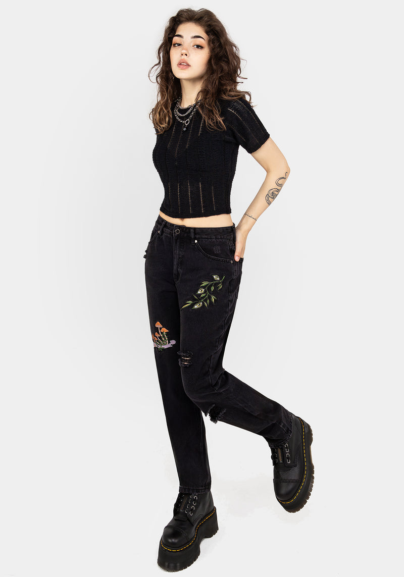 Swamplife Frosch Bestickt Abgenutzt Mom Jeans