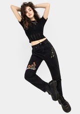 Swamplife Frog Embroidered Distressed Mom Jeans