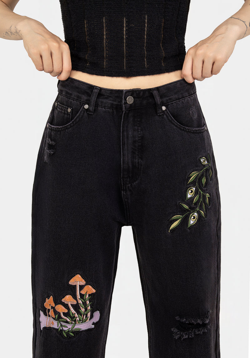 Swamplife Frosch Bestickt Abgenutzt Mom Jeans