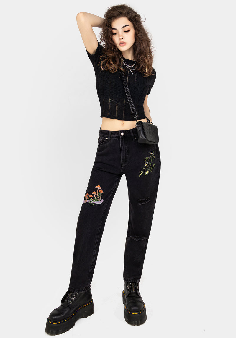 Swamplife Frosch Bestickt Abgenutzt Mom Jeans