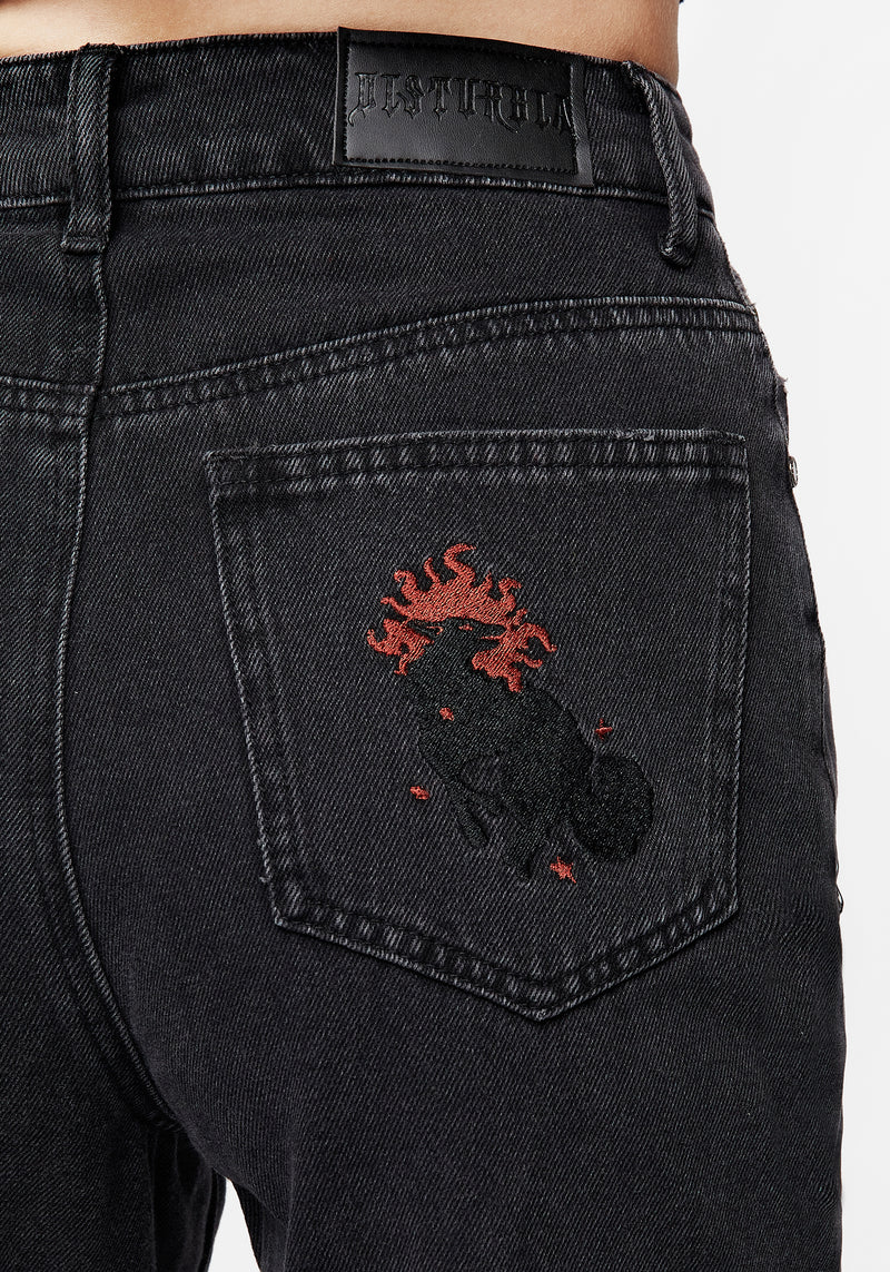 Foxfire Embroidered Distressed Mom Jeans