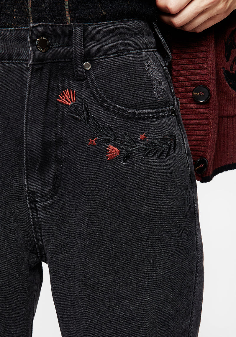 Foxfire Embroidered Distressed Mom Jeans