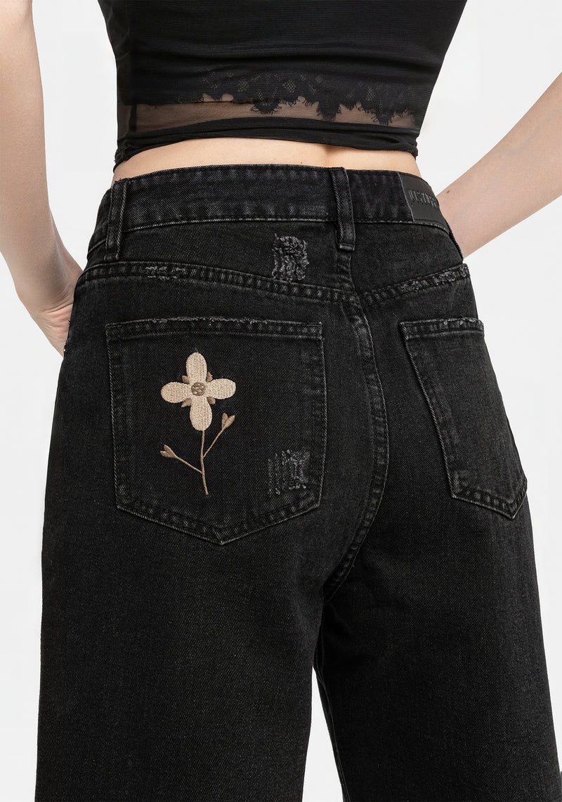 Griffinfly Bestickt Abgenutzt Denim Mom Jeans