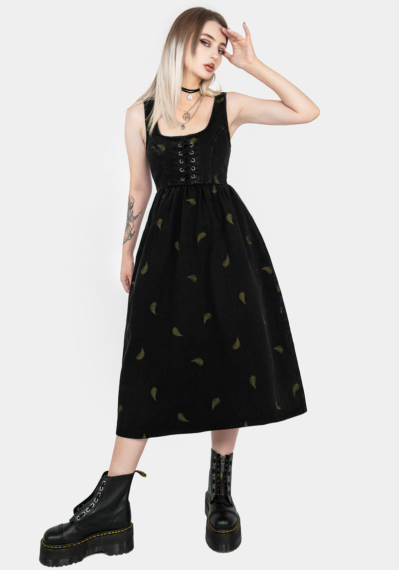 Osmunda Fern Embroidered Lace Up Midi Pinafore Dress