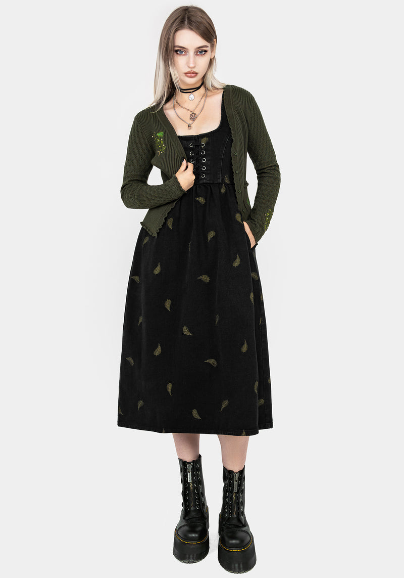 Osmunda Fern Embroidered Lace Up Midi Pinafore Dress