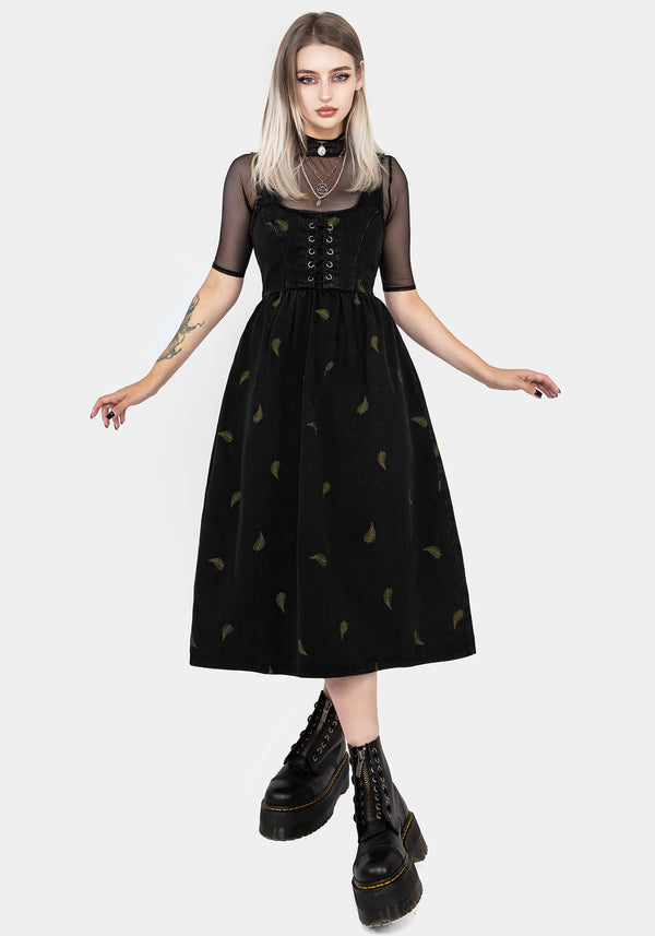 Osmunda Fern Embroidered Lace Up Midi Pinafore Dress