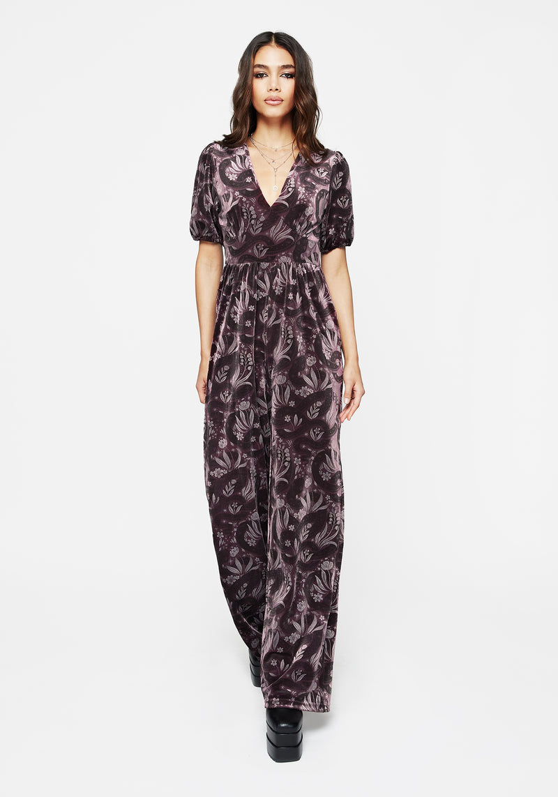 Deception Snake Foil Print Velour Jumpsuit