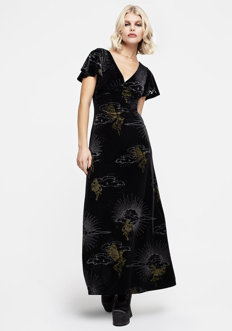 Adelina Foil Print Velour Midaxi Dress