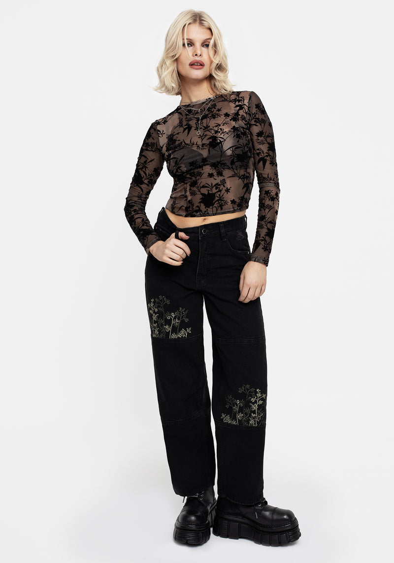 Nyctanthes Beflockt Blumenmuster Mesh Top