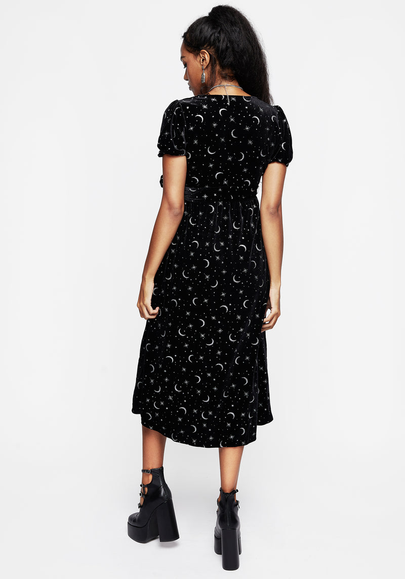 Constellation Glitter Print Velour Midi Wrap Dress