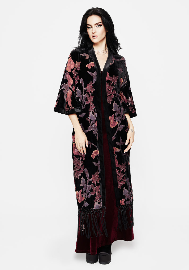 Waterlily Burnout Fringe Besatz Langschnitt Kimono