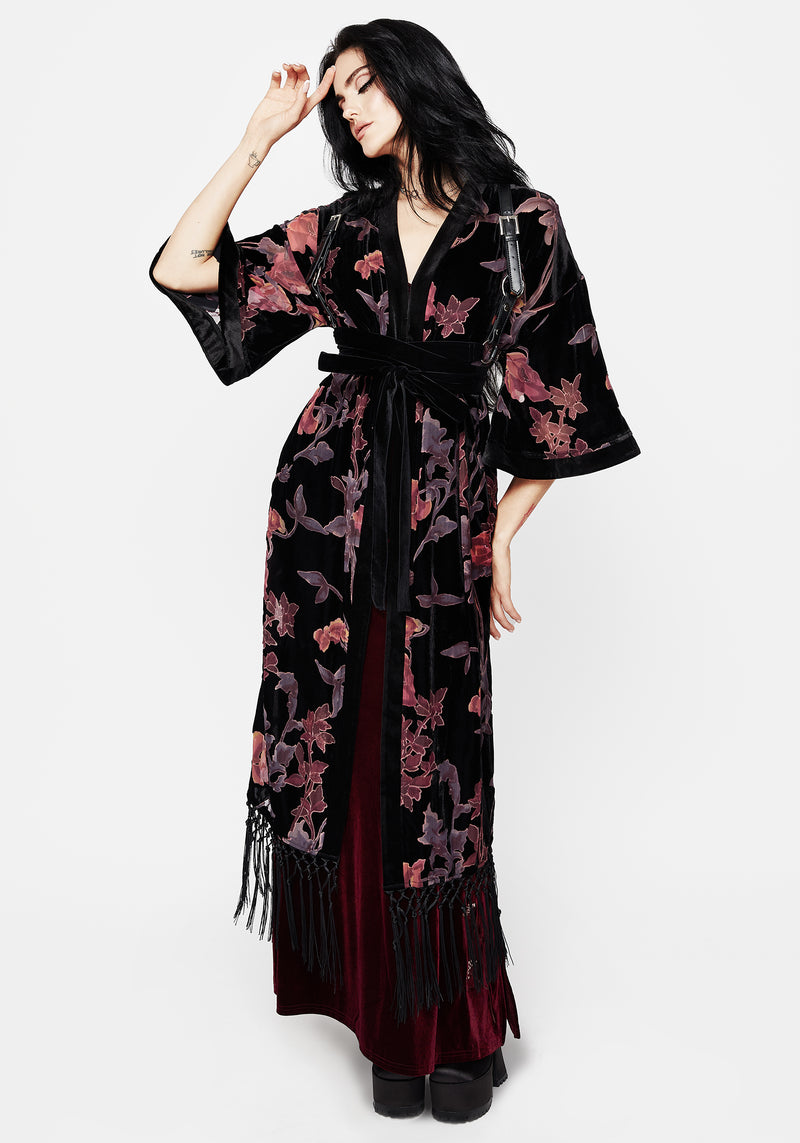 Waterlily Burnout Fringe Besatz Langschnitt Kimono