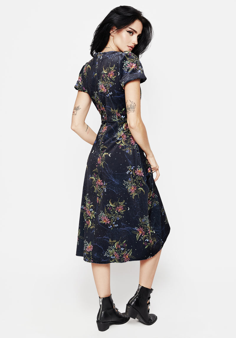 Cleome Floral Spiderweb Velour Corset Midi Dress