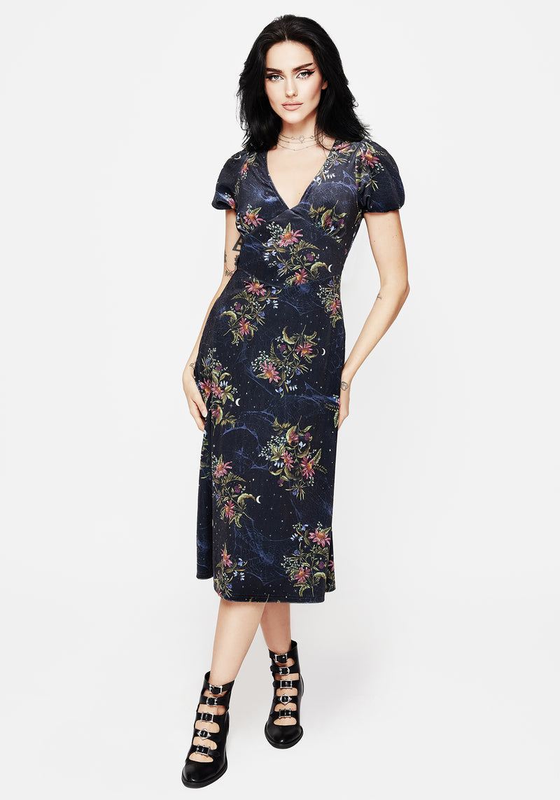 Cleome Floral Spiderweb Velour Corset Midi Dress