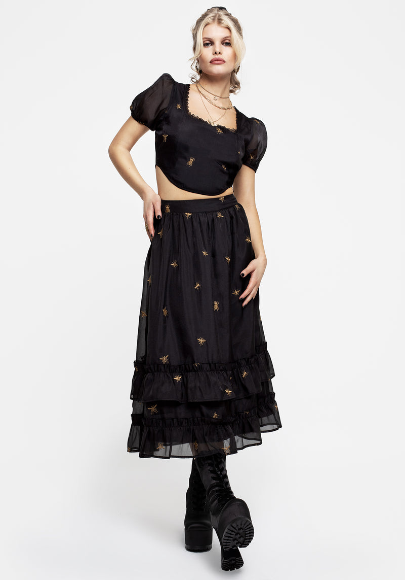 Insectarium Embroidered Organza Tiered Midi Skirt