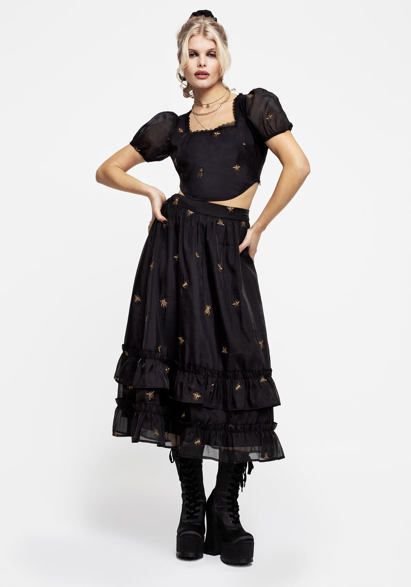 Insectarium Embroidered Organza Tiered Midi Skirt