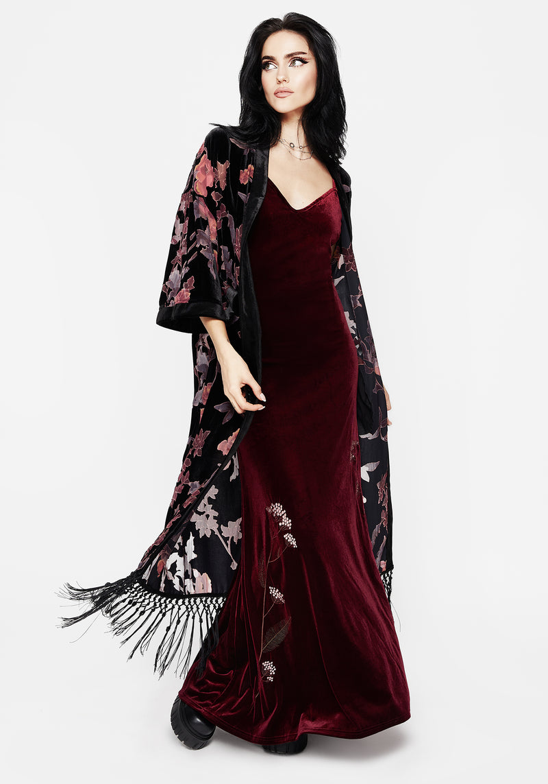 Waterlily Burnout Fringe Trim Longline Kimono