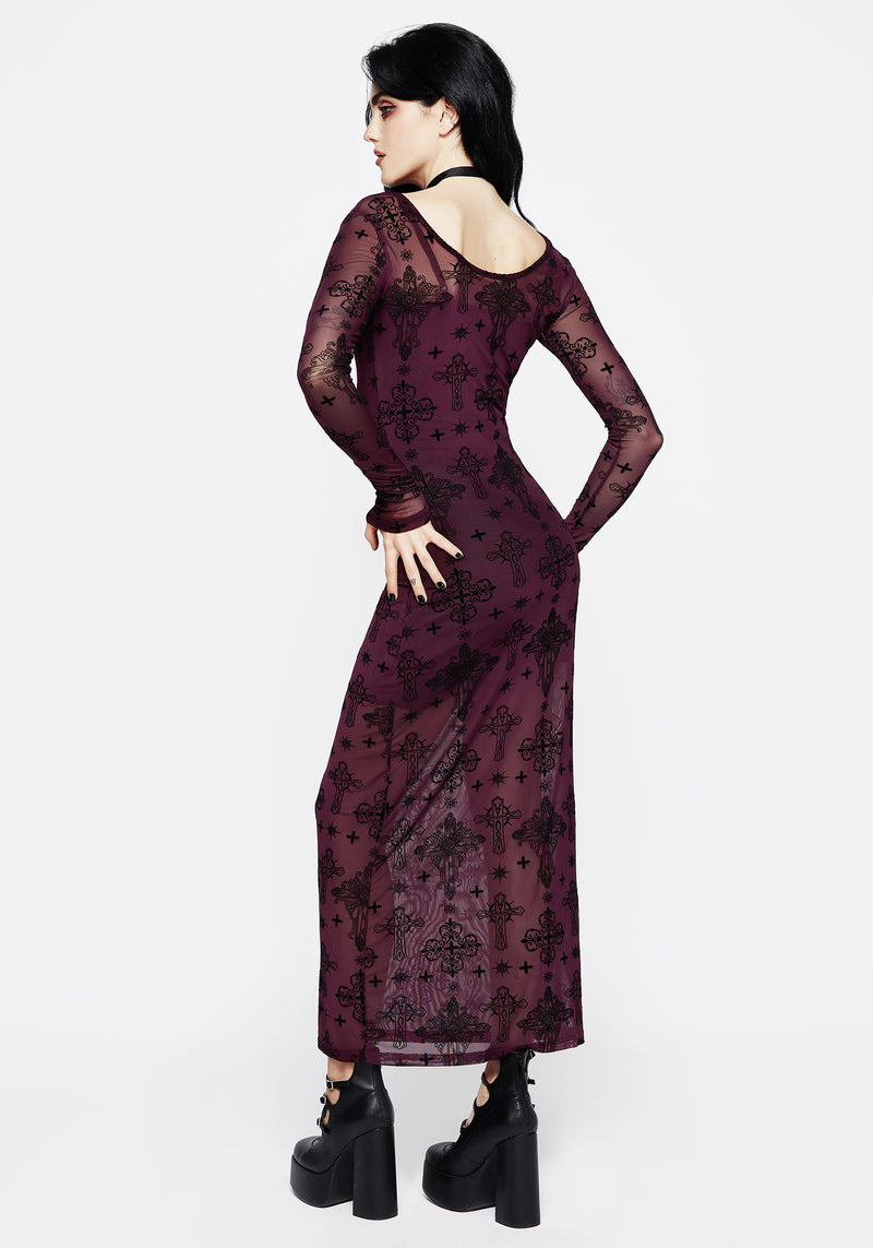 Priestess Flocked Mesh Maxi Dress - Purple