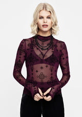 Priestess Flocked Mesh Top - Purple