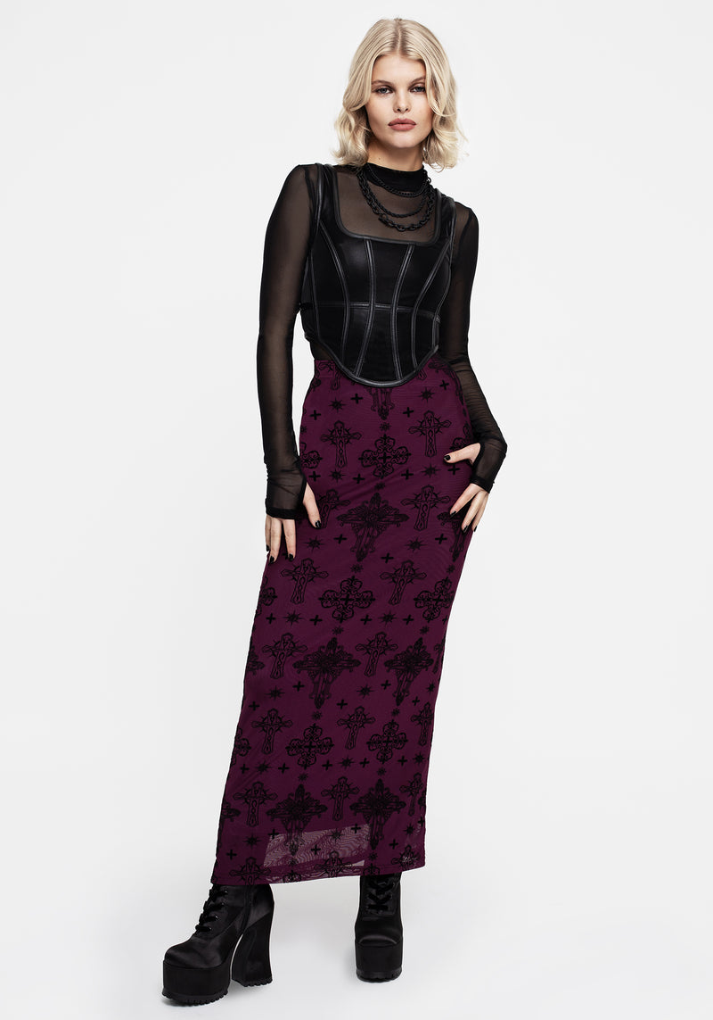 Priesterin Beflockt Mesh Maxi Rock - Lila