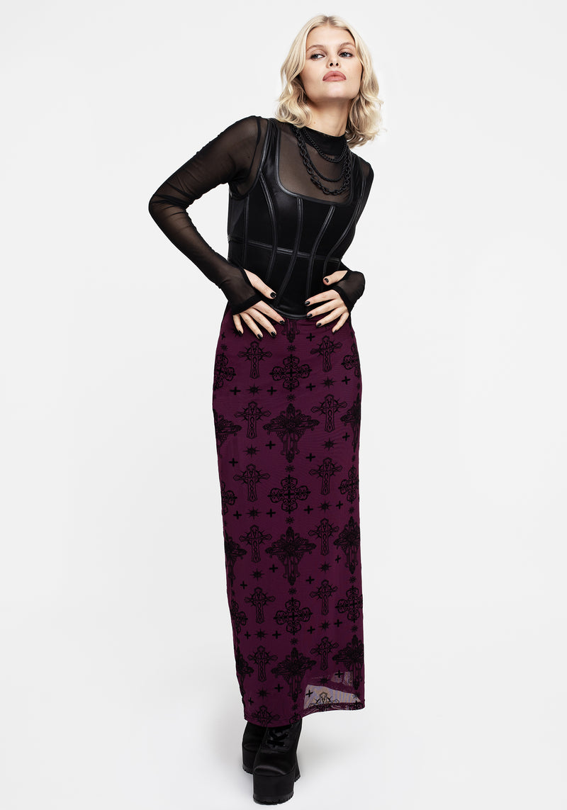 Priesterin Beflockt Mesh Maxi Rock - Lila