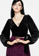 Styx Moth Embroidered Velour Wrap Top