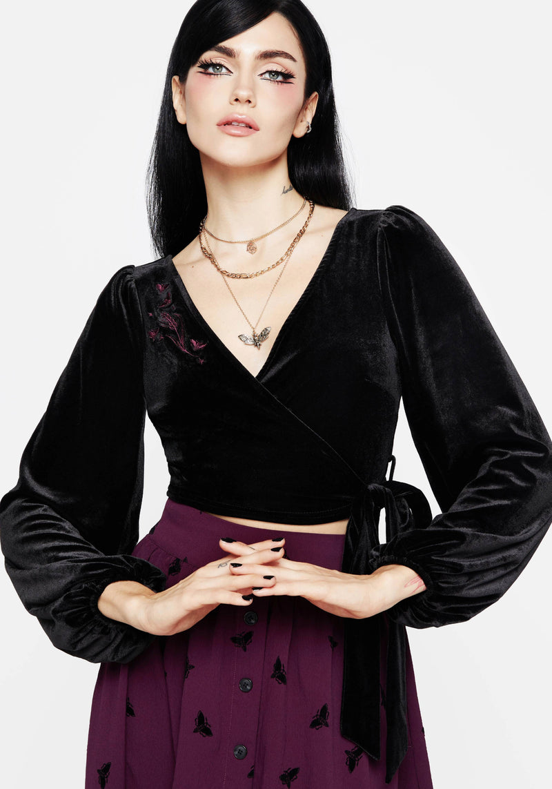 Styx Moth Embroidered Velour Wrap Top