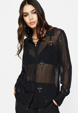 Ankh Beaded Chiffon Button Up Shirt