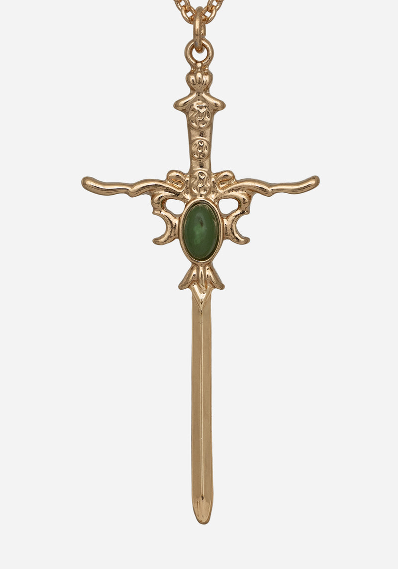 Galatine Green Stone Sword Necklace - Gold