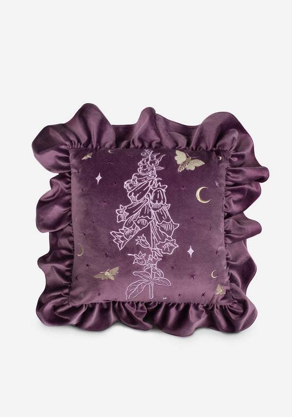 Foxglove Embroidered Velour Ruffle Cushion