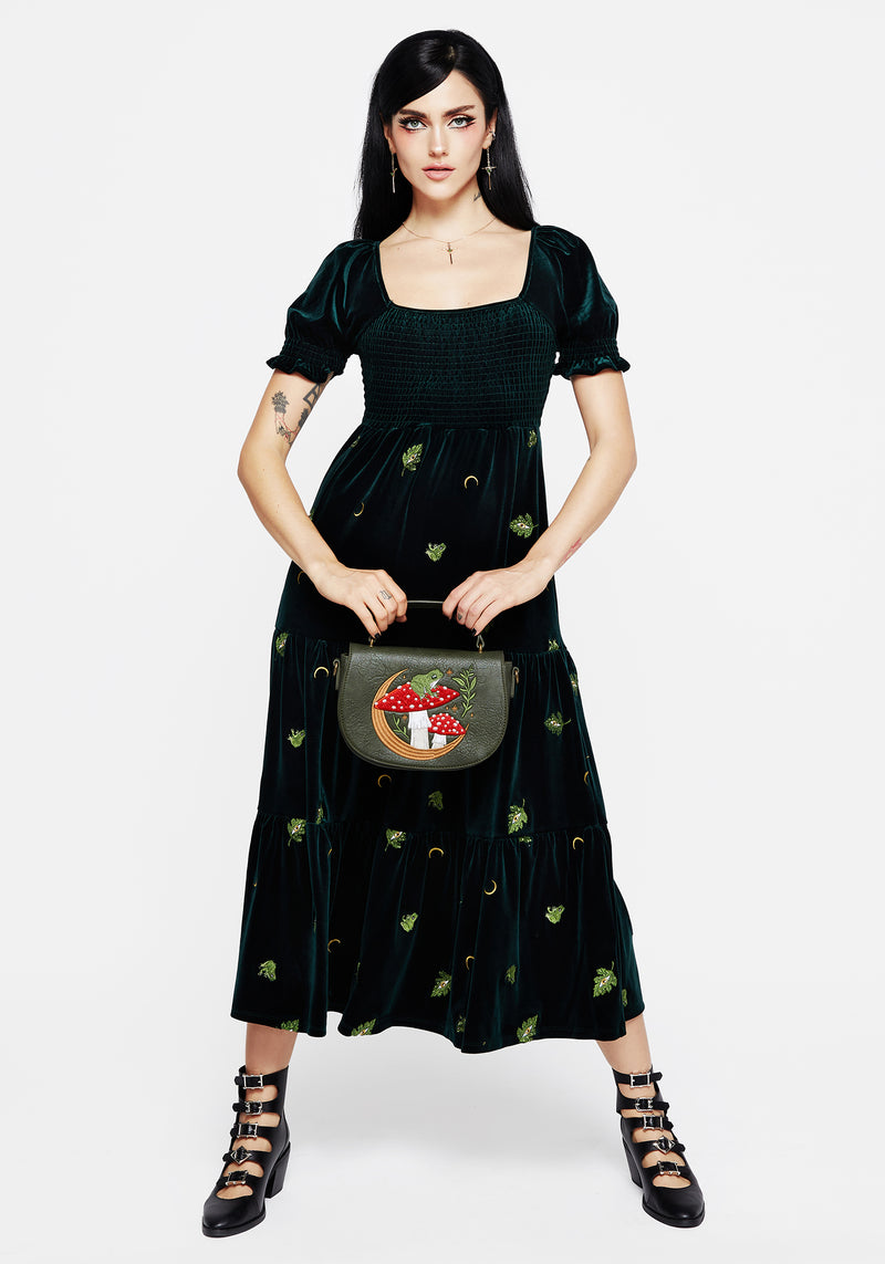 Swamplife Frosch Bestickt Velours Gestuft Midi Kleid