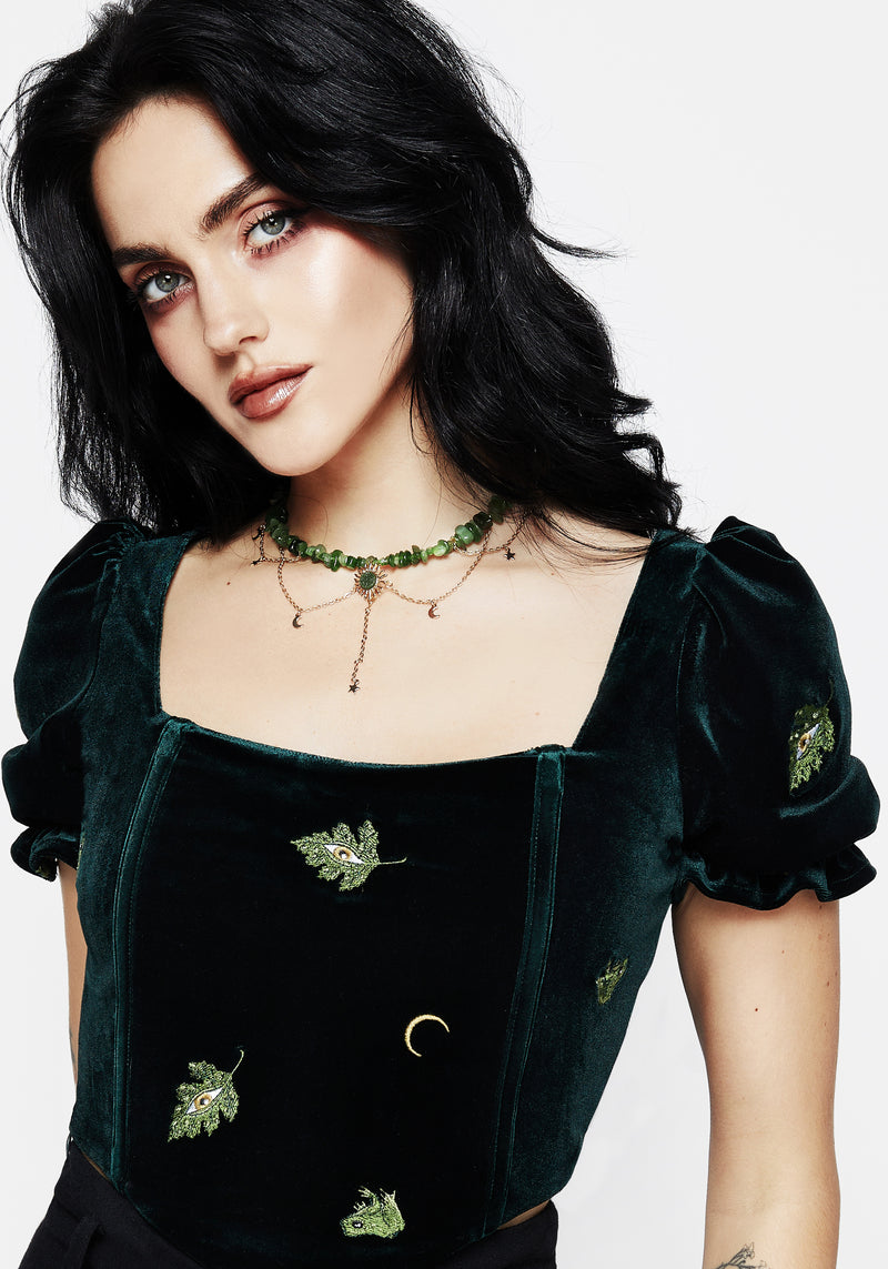 Swamplife Frog Embroidered Velour Puff Sleeve Corset Top