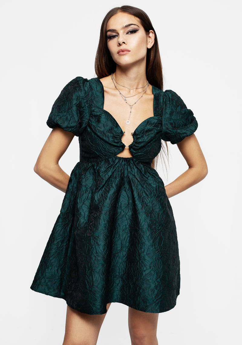 Tiffany Jacquard Puffärmel Ärmel Mini Kleid Grün