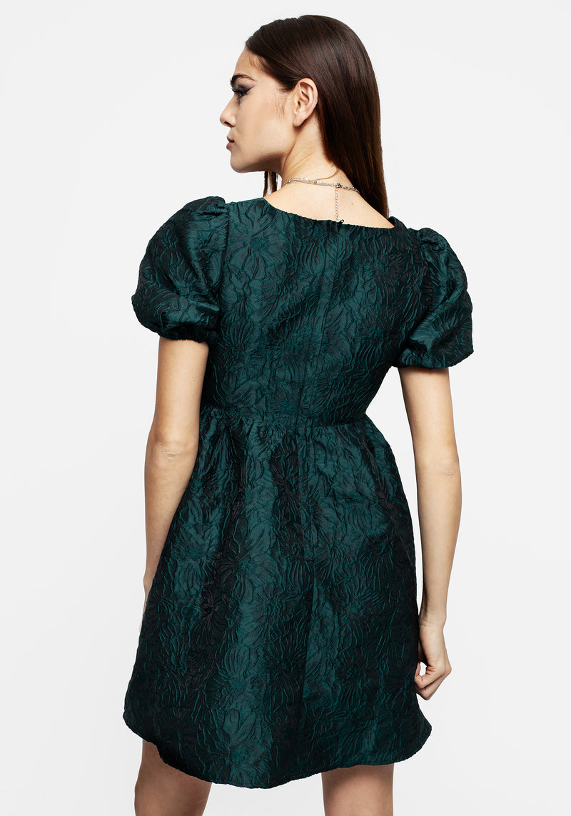 Tiffany Jacquard Puffärmel Ärmel Mini Kleid Grün