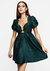 Tiffany Jacquard Puffärmel Ärmel Mini Kleid Grün