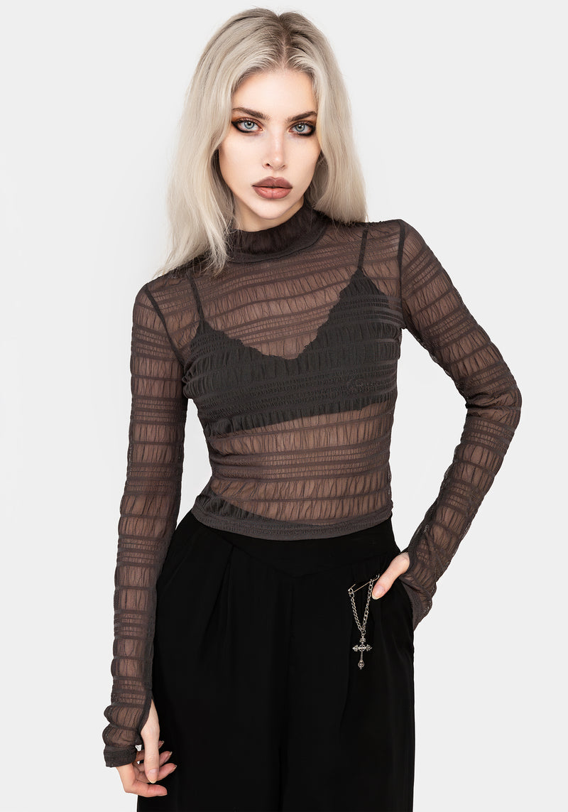 Myra Textured Mesh High Neck Long Sleeve Top