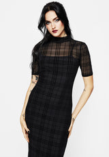 Buffy Flocked Velour Check Mesh Bodycon Midaxi Dress