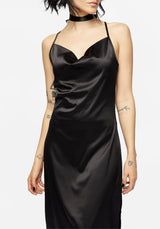 Medeina Cowl Neck Satin Midi Slip Dress - Midnight Black