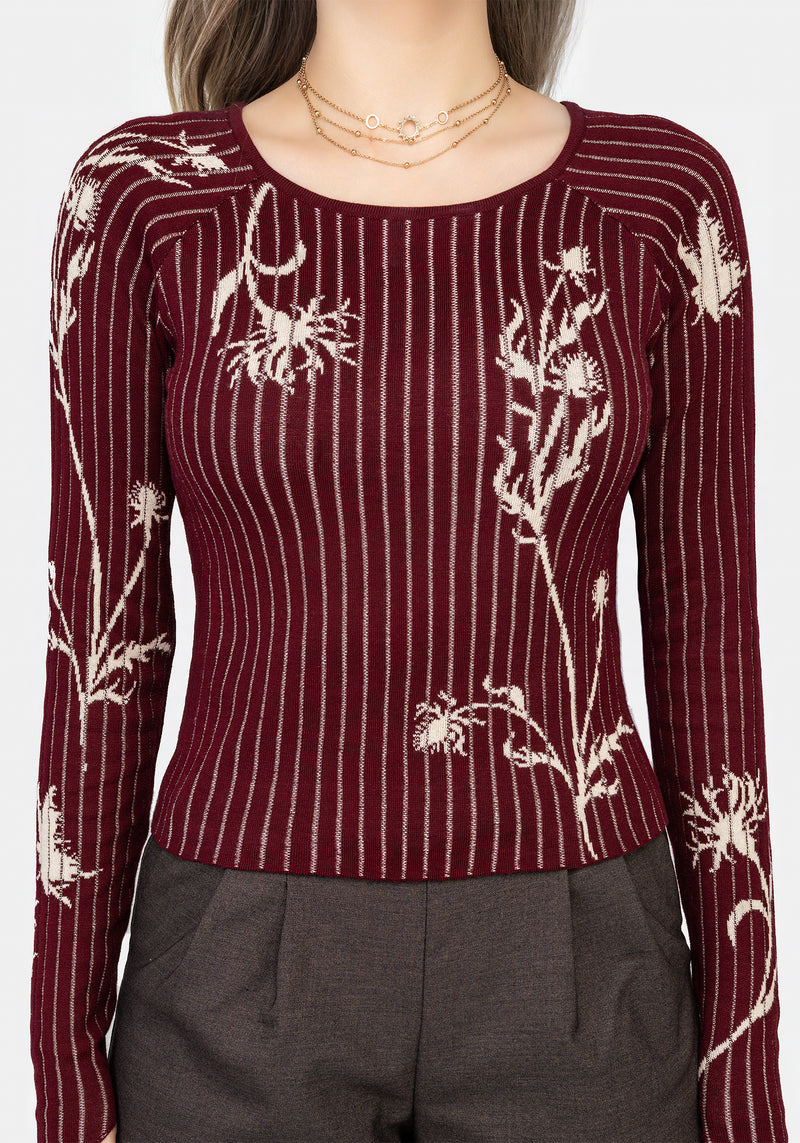 Diastella Blumenmuster Jacquard Rippe Gestrickt Raglan Ärmel Top Rot