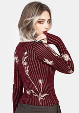 Diastella Floral Jacquard Rib Knit Raglan Sleeve Top - Red