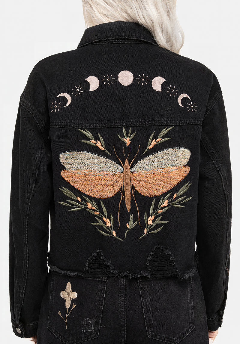 Griffinfly Bestickt Abgenutzt Denim Jacke