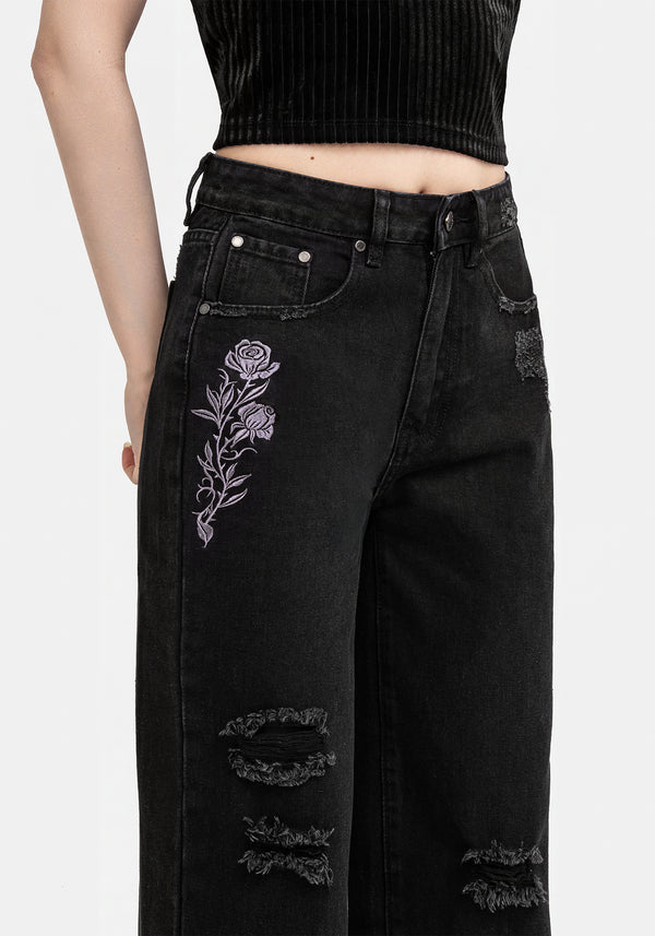 Deadhead Rose Bestickt Abgenutzt Denim Fass Bein Jeans